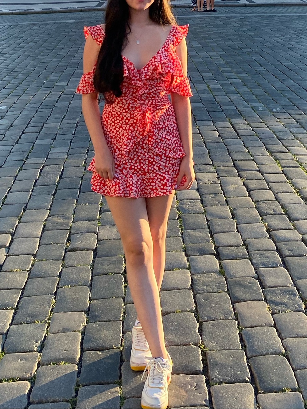Red Floral Ruffle Cold-Shoulder Mini Dress - Picture 2 of 7